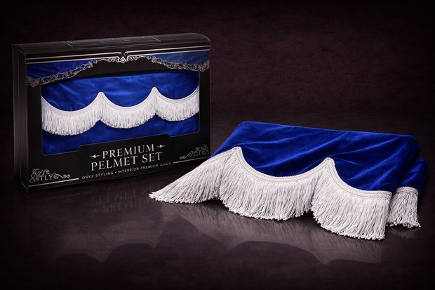 PELMET ALCANTARA new BLUE with 8cm white fringes & Velcro