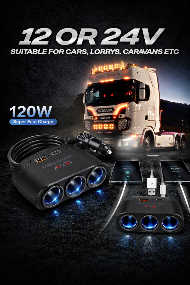 3 Socket Car Cigarette Lighter Splitter Dual USB LED Car Fast Charger