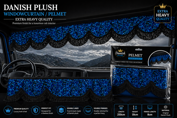 Danish Plush Window Curtain Pelmet Blue & Black Fringes 18cm – Extra Heavy Quality 250cm
