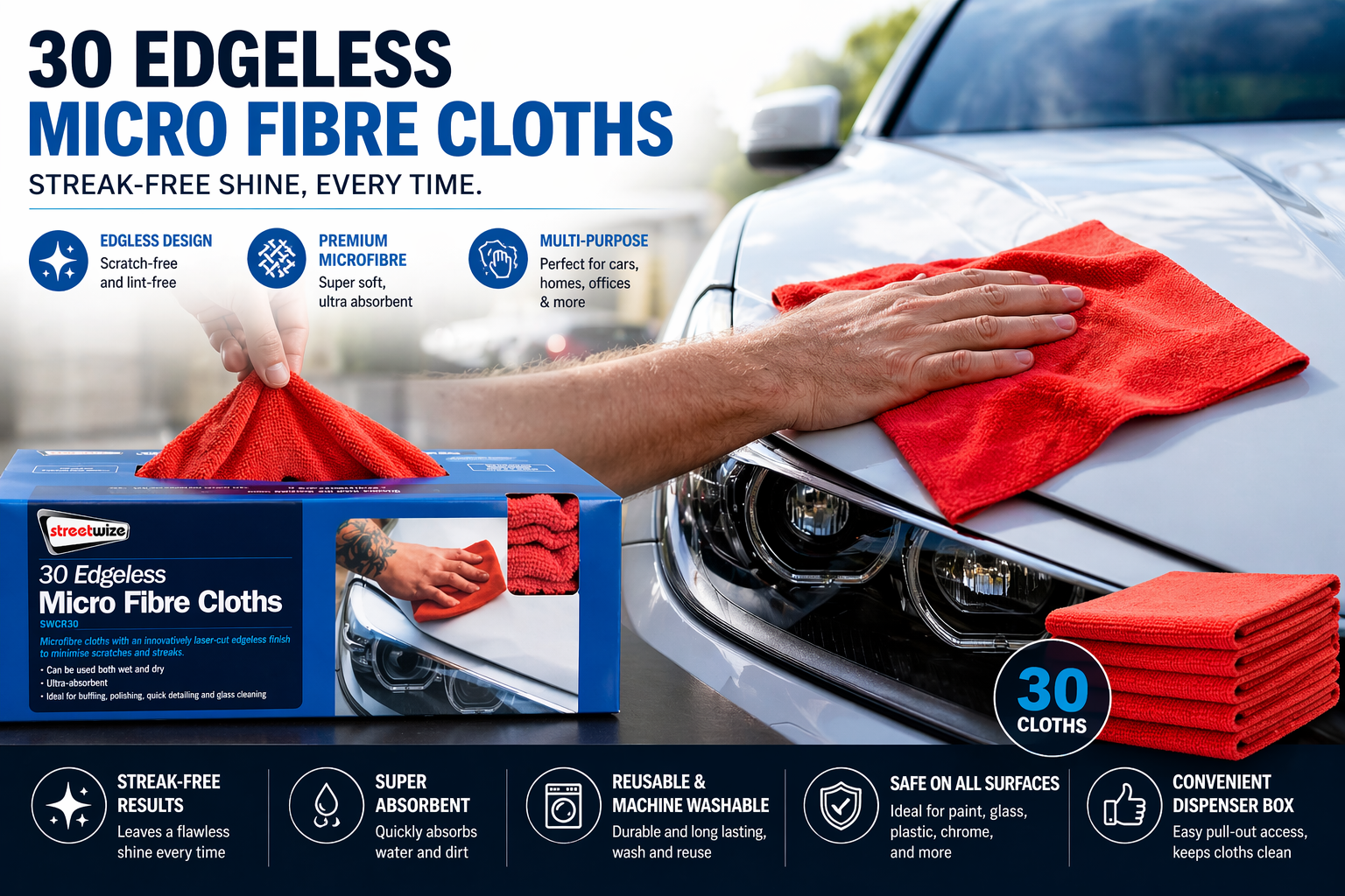 30 Edgeless Microfibre Cloths – Scratch-Free, Ultra Absorbent Car Cleaning Towels