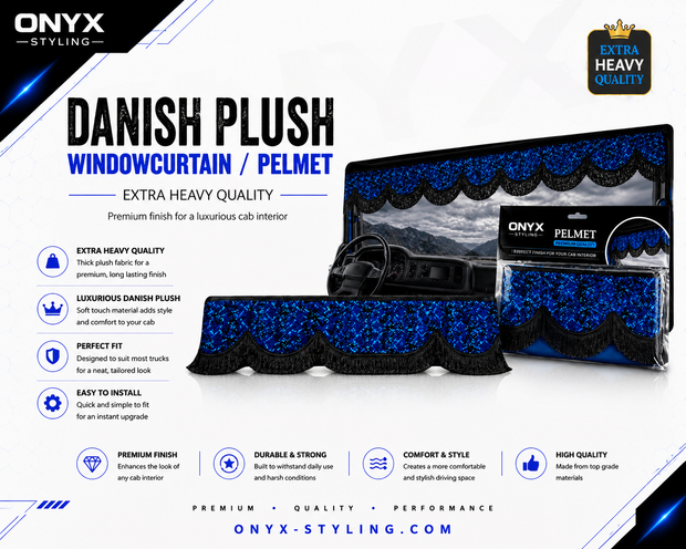 Danish Plush Window Curtain Pelmet Blue & Black Fringes 18cm – Extra Heavy Quality 250cm