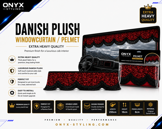 Danish Plush Window Curtain Pelmet Red & Black Fringes 18cm – Extra Heavy Quality 250cm