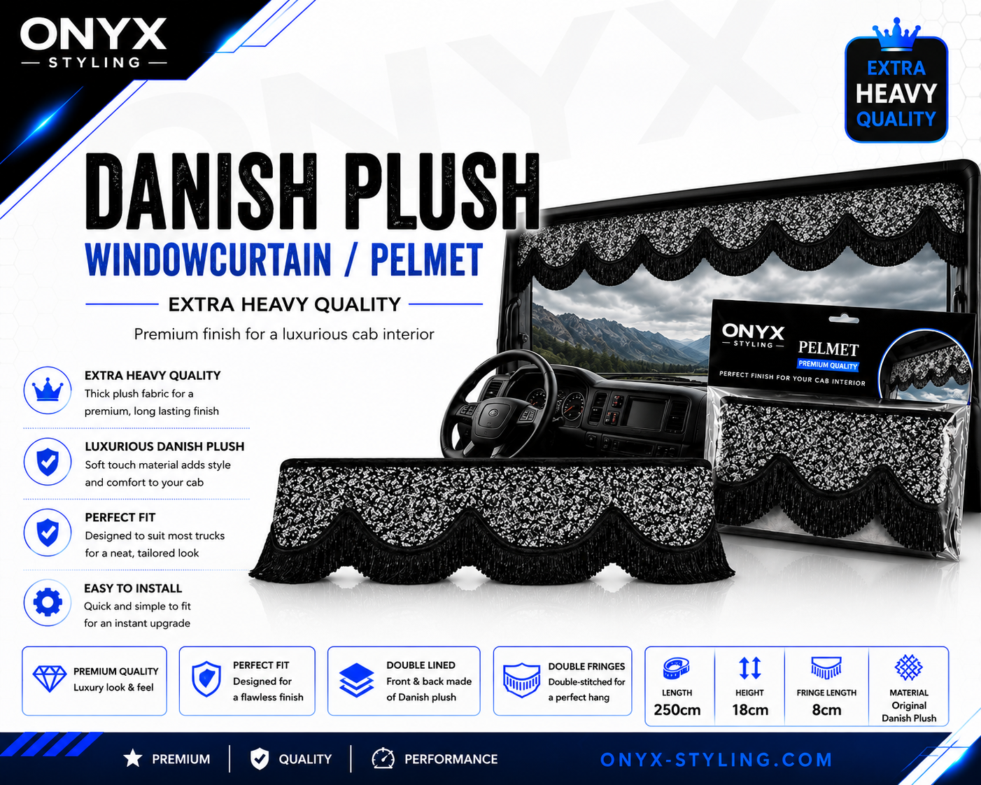 Danish Plush Window Curtain Pelmet Grey & Black Fringes 18cm – Extra Heavy Quality 250cm