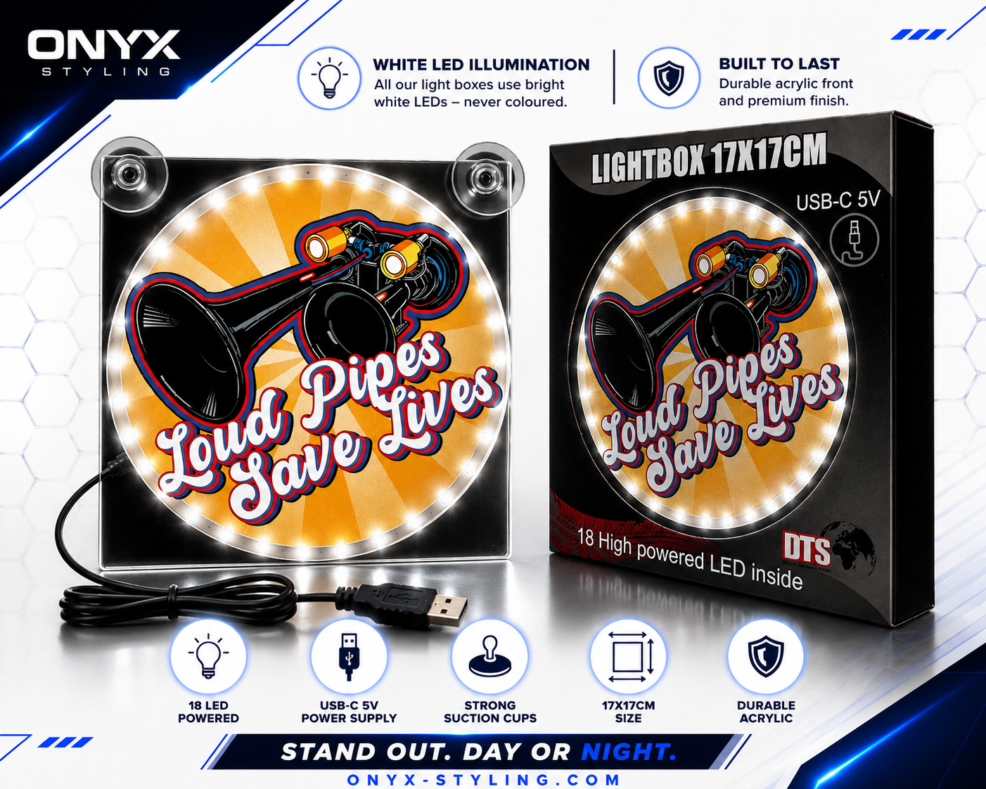 Lightbox Deluxe Loud Pipes Save Lives Orange LED – USB 17x17cm