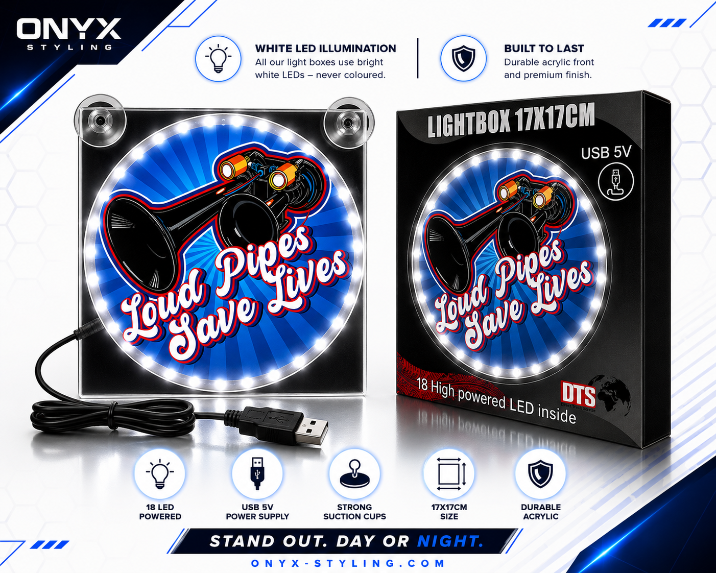 Lightbox Deluxe Loud Pipes Save Lives Blue USB LED – 12-24V 17x17cm