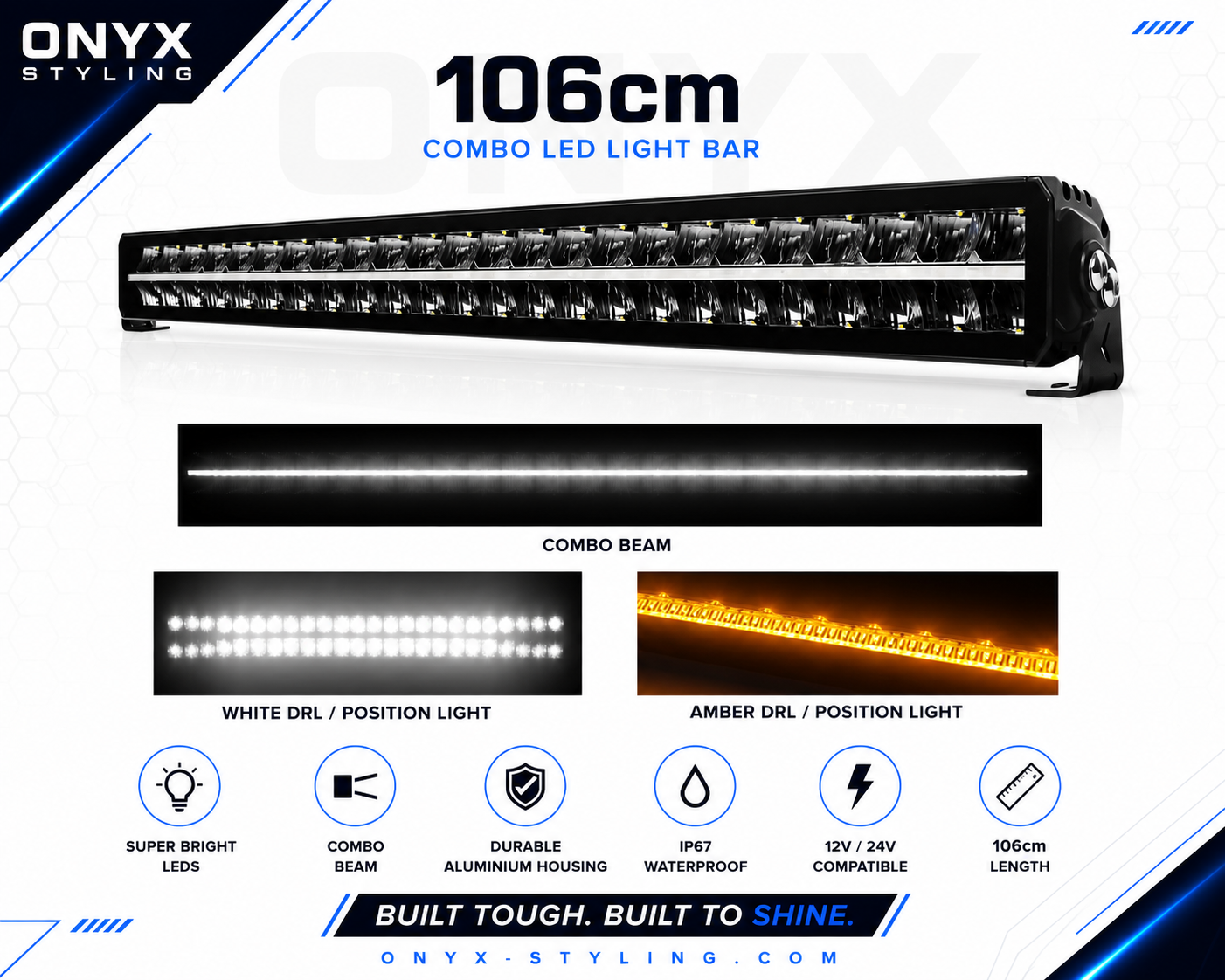 42” (106cm) – Dual Colour DRL White & Amber Frameless LED Light Bar | OSRAM LEDs | Combo Beam