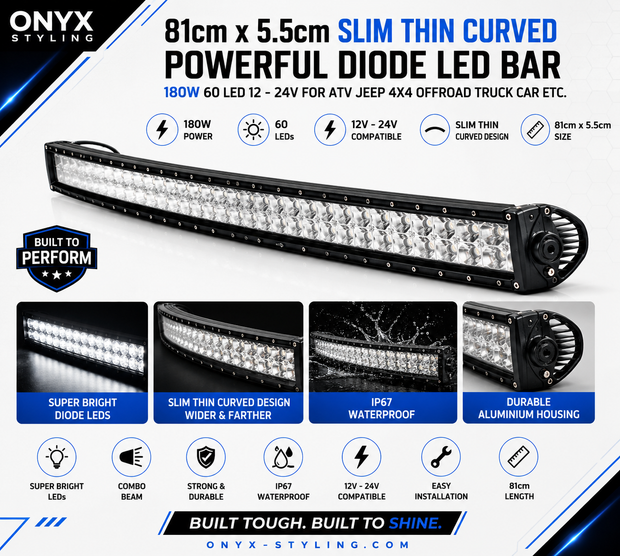81cm Curved LED Light Bar – 180W High Power Spot Beam | 12V–24V Waterproof IP67