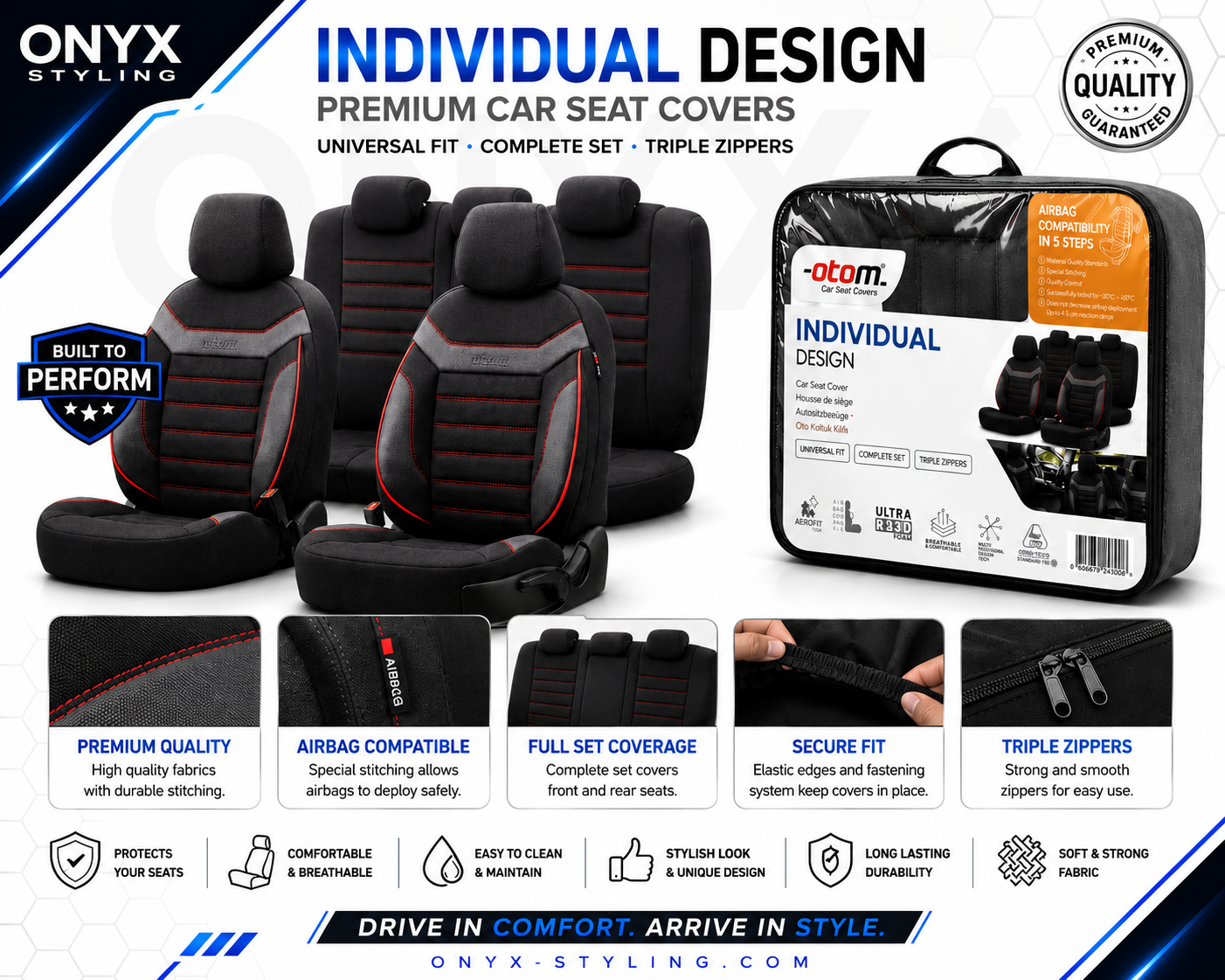 Premium Universal Seat Covers – Full Set Front & Rear – 7-Layer Comfort – Airbag Compatible black with red stitch