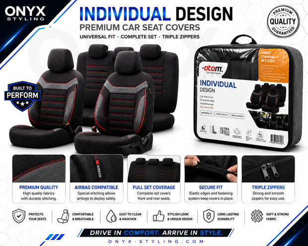 Premium Universal Seat Covers – Full Set Front & Rear – 7-Layer Comfort – Airbag Compatible black with red stitch
