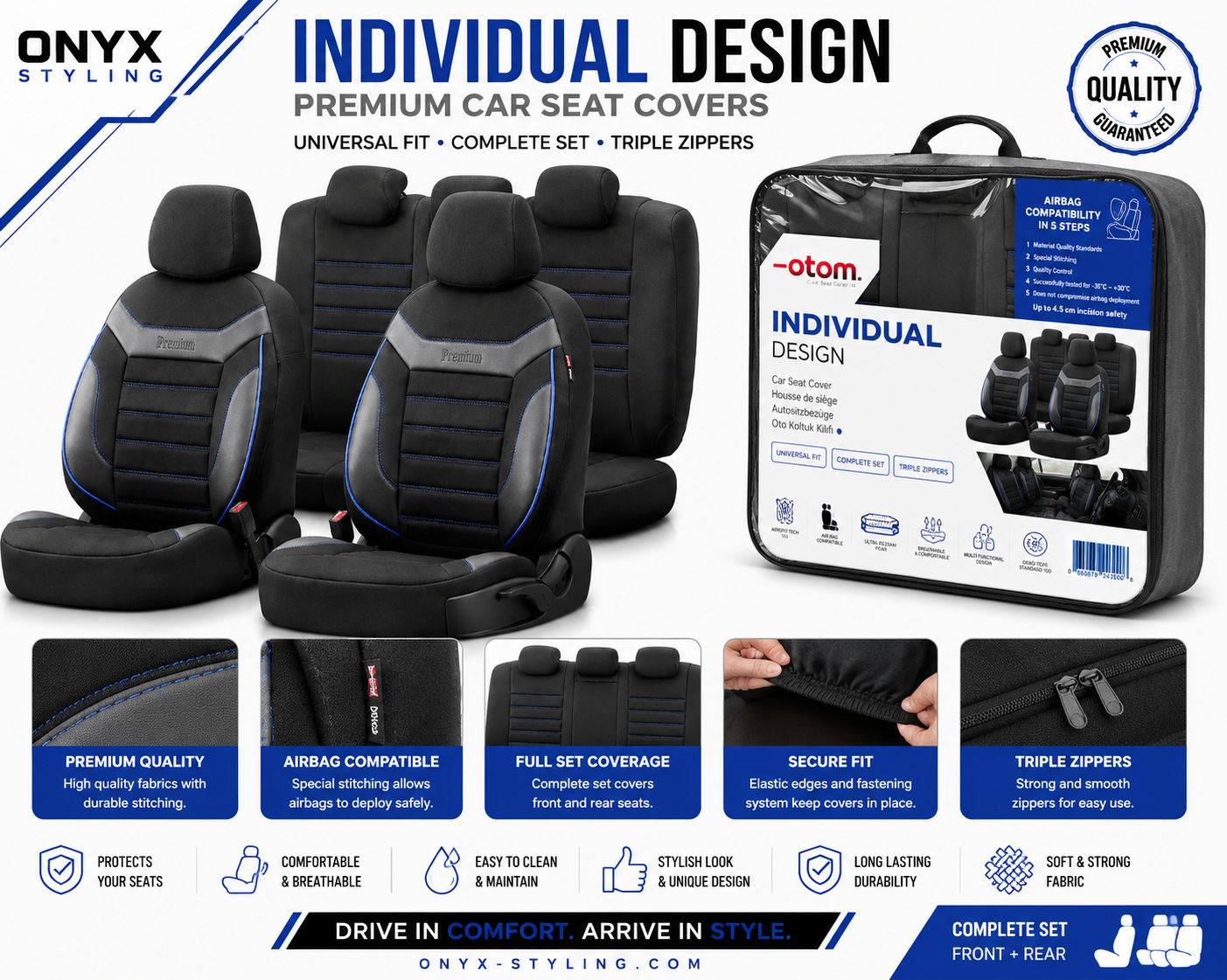 Premium Universal Seat Covers – Full Set Front & Rear – 7-Layer Comfort – Airbag Compatible black with blue stitch