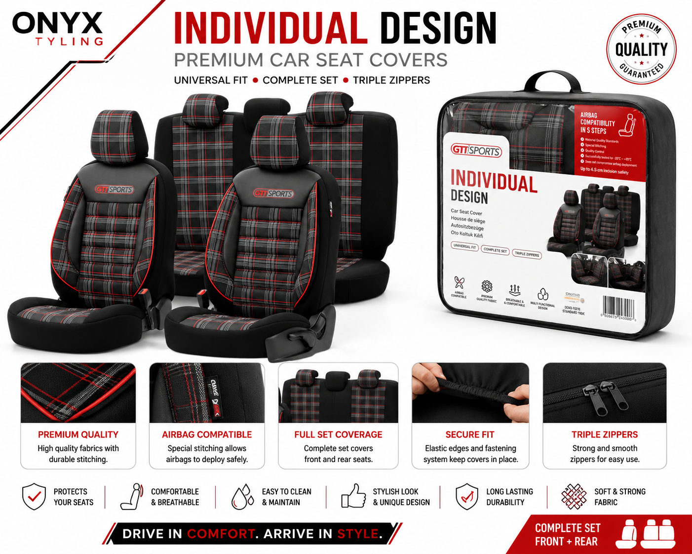 Eco Leather GTI Sports Seat Covers – Black with Red Stitching – Full Set Front & Rear – Universal Fit
