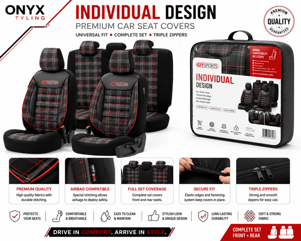 Eco Leather GTI Sports Seat Covers – Black with Red Stitching – Full Set Front & Rear – Universal Fit