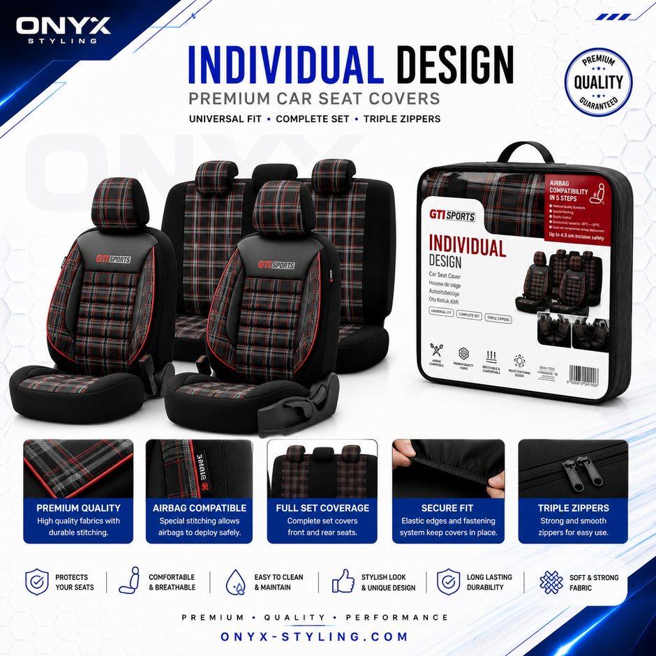 Eco Leather GTI Sports Seat Covers – Black with Red Stitching – Full Set Front & Rear – Universal Fit