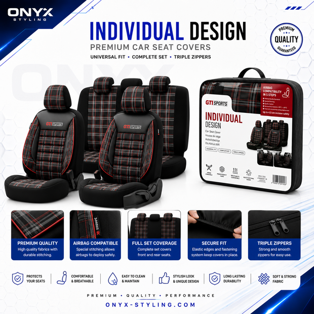 Eco Leather GTI Sports Seat Covers – Black with Red Stitching – Full Set Front & Rear – Universal Fit