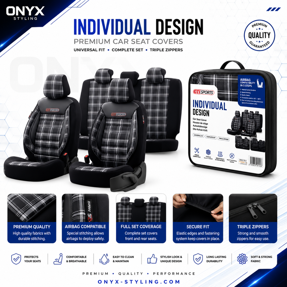 Eco Leather GTI Sports Seat Covers – Black with Grey Stitching – Full Set Front & Rear – Universal Fit