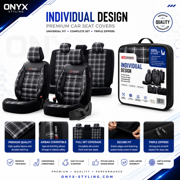 Eco Leather GTI Sports Seat Covers – Black with Grey Stitching – Full Set Front & Rear – Universal Fit