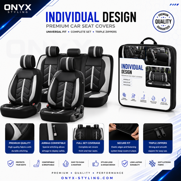 Luxury Eco Leather Seat Covers – Grey & Black Sport Design – Full Set Front & Rear – Universal Fit