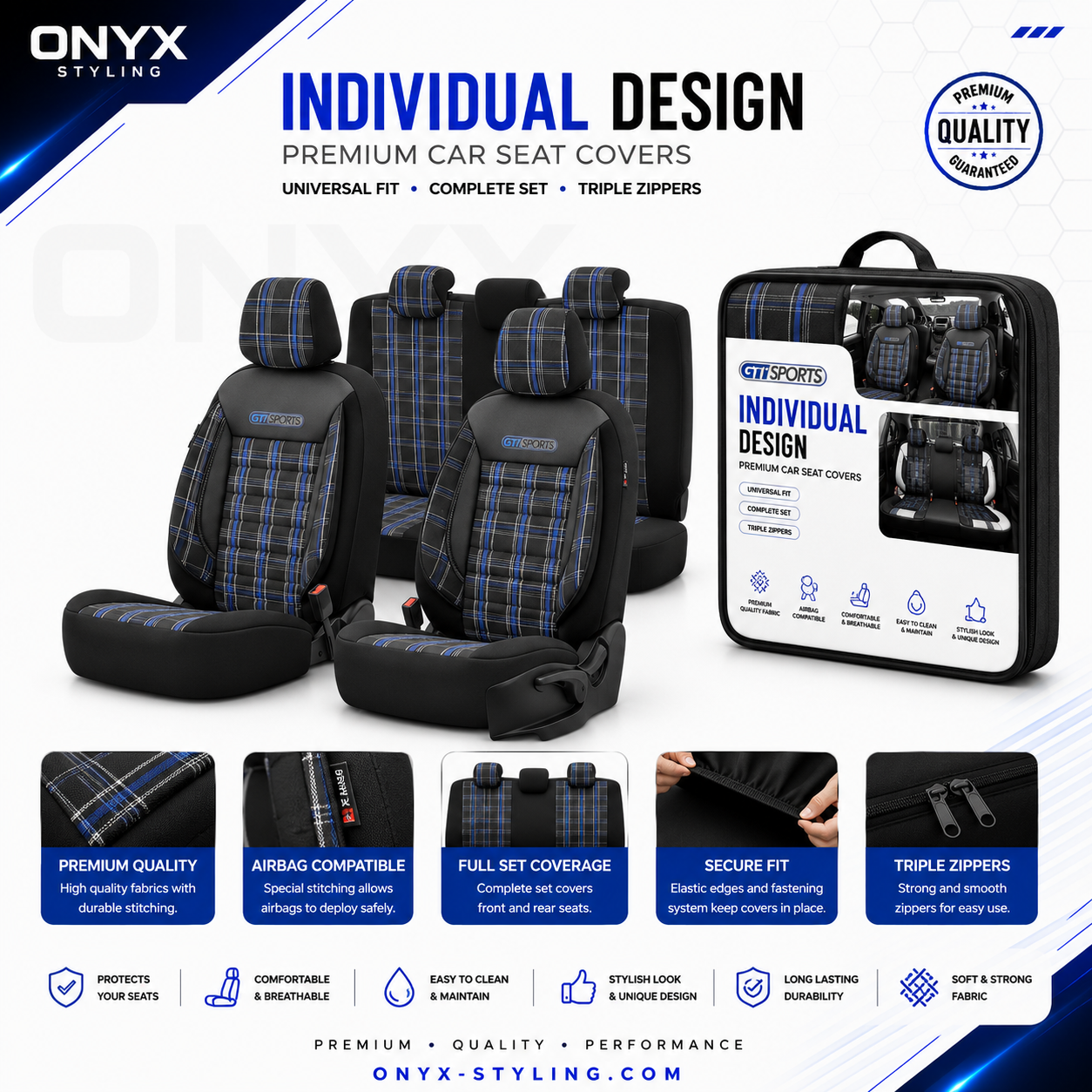 Premium GTI Style Universal Car Seat Covers Full Set – Blue Stitch, 7-Layer Comfort, Airbag Compatible