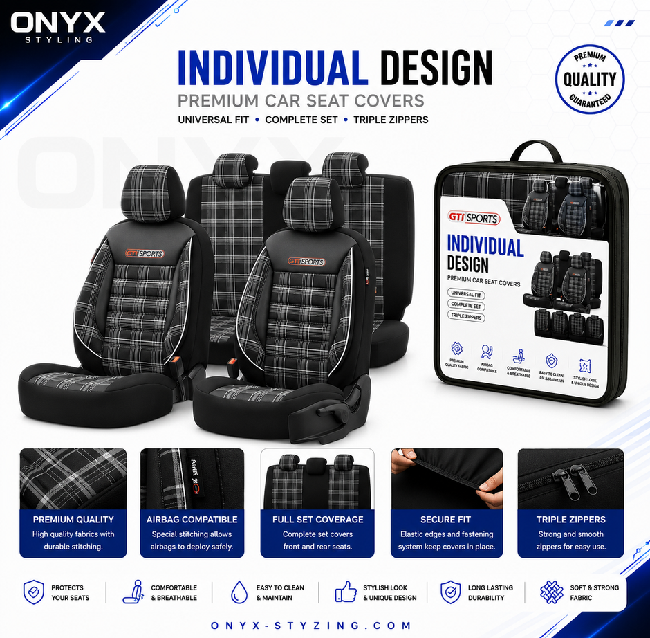 Premium Universal Car Seat Covers Full Set Black & White Seam – GTI Style, 7-Layer Comfort, Airbag Compatible, Cars & SUVs