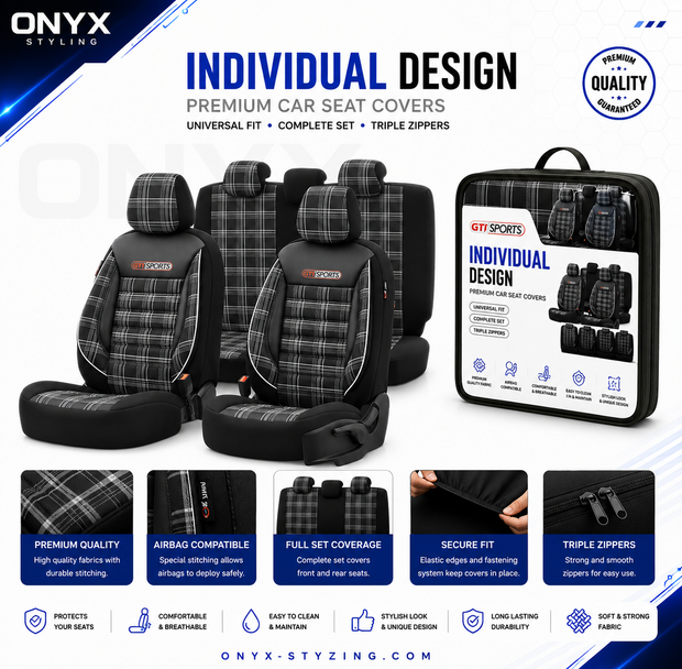 Premium Universal Car Seat Covers Full Set Black & White Seam – GTI Style, 7-Layer Comfort, Airbag Compatible, Cars & SUVs