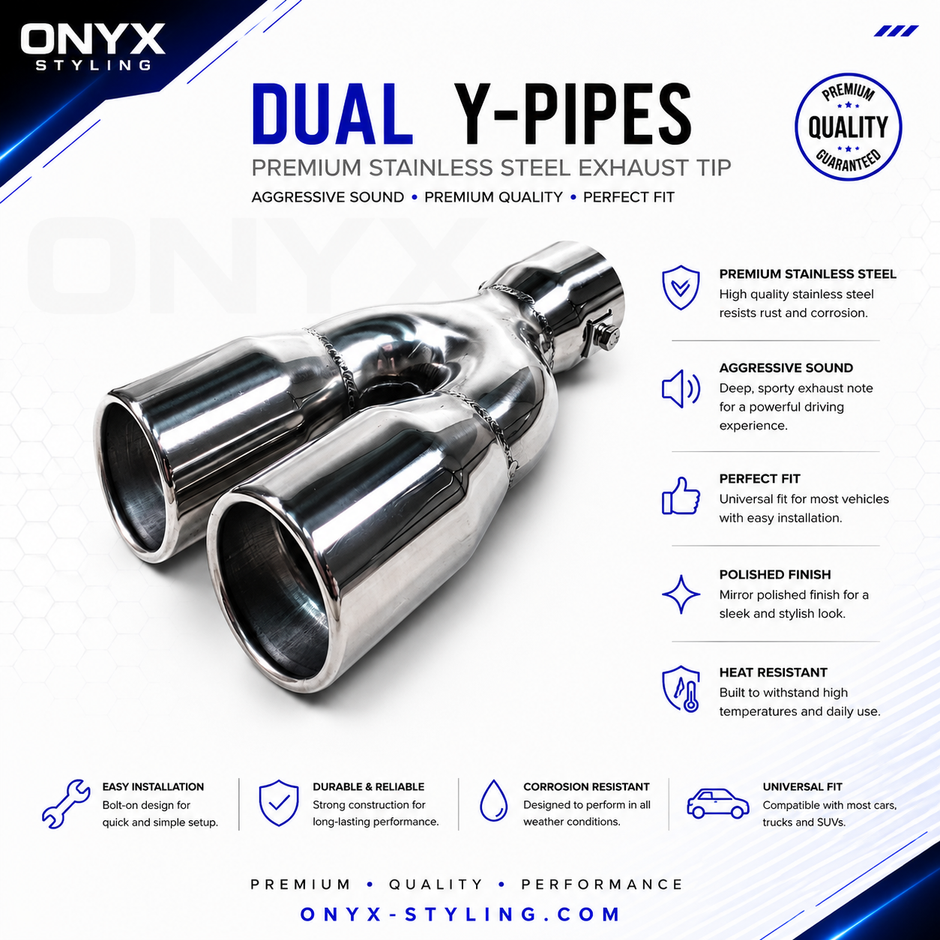 Universal Dual Oval Y pipes Chrome Exhaust Tailpipe Tip – Polished Twin Outlet 57mm Inlet