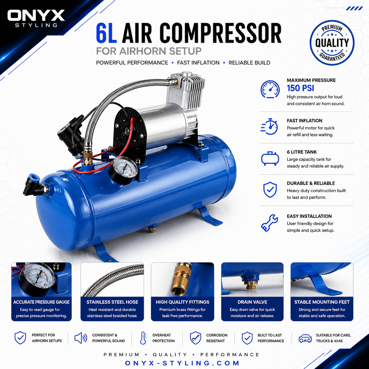 12V 6L Air Compressor Tank Kit 150 PSI (8 Bar) Heavy Duty – UPGRADED PUMP Ideal for Air Horn Setup