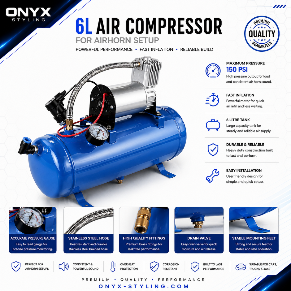 12V 6L Air Compressor Tank Kit 150 PSI (8 Bar) Heavy Duty – UPGRADED PUMP Ideal for Air Horn Setup