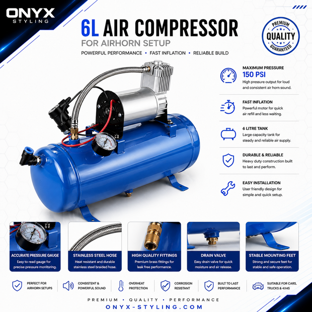 12V 6L Air Compressor Tank Kit 150 PSI (8 Bar) Heavy Duty – UPGRADED PUMP Ideal for Air Horn Setup