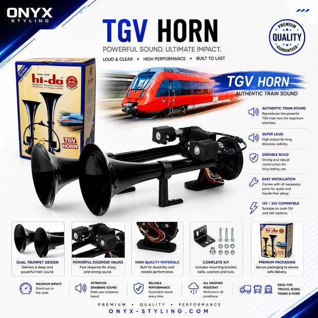 Genuine HI-DO TGV Twin Tone Air Horn 135dB – Dual Trumpet Train Horn