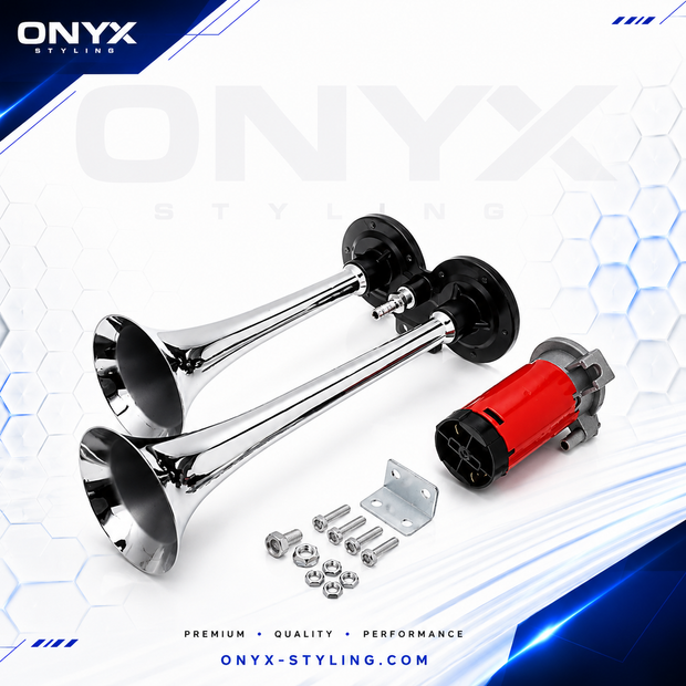 Dual Chrome Air Horn Kit with Compressor 12V – 150dB Twin Trumpet