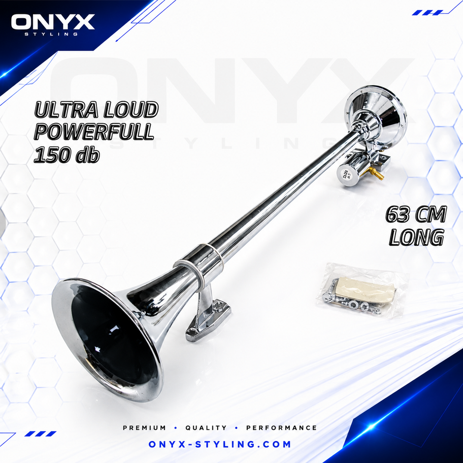 63cm HornTech Chrome Thromba Air Horn 12V / 24V Single Trumpet - Air Supply Required