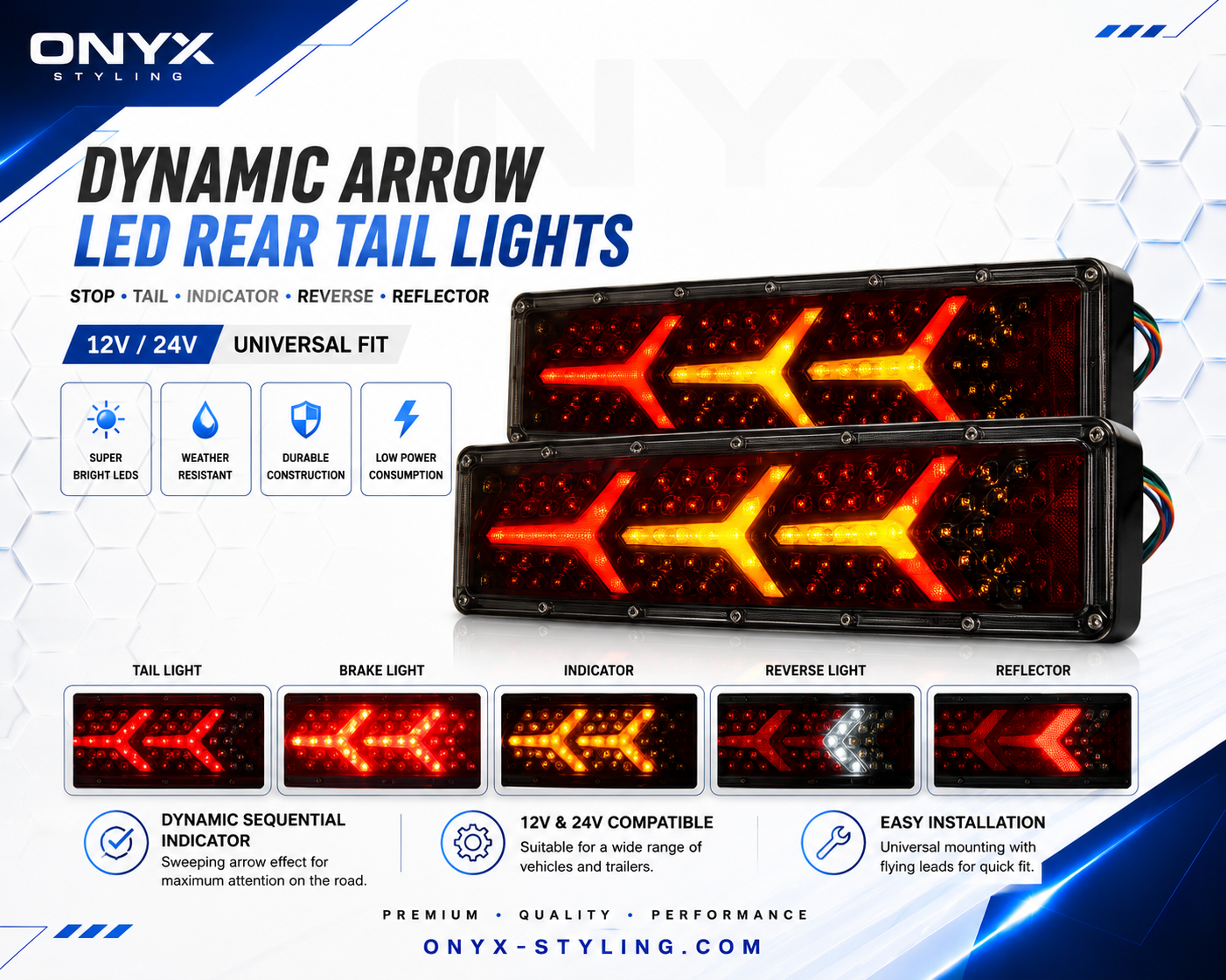 46cm LED Tail Lights Set (Left & Right) – Dynamic Indicator, Neon Effect, 24V, IP67 Waterproof