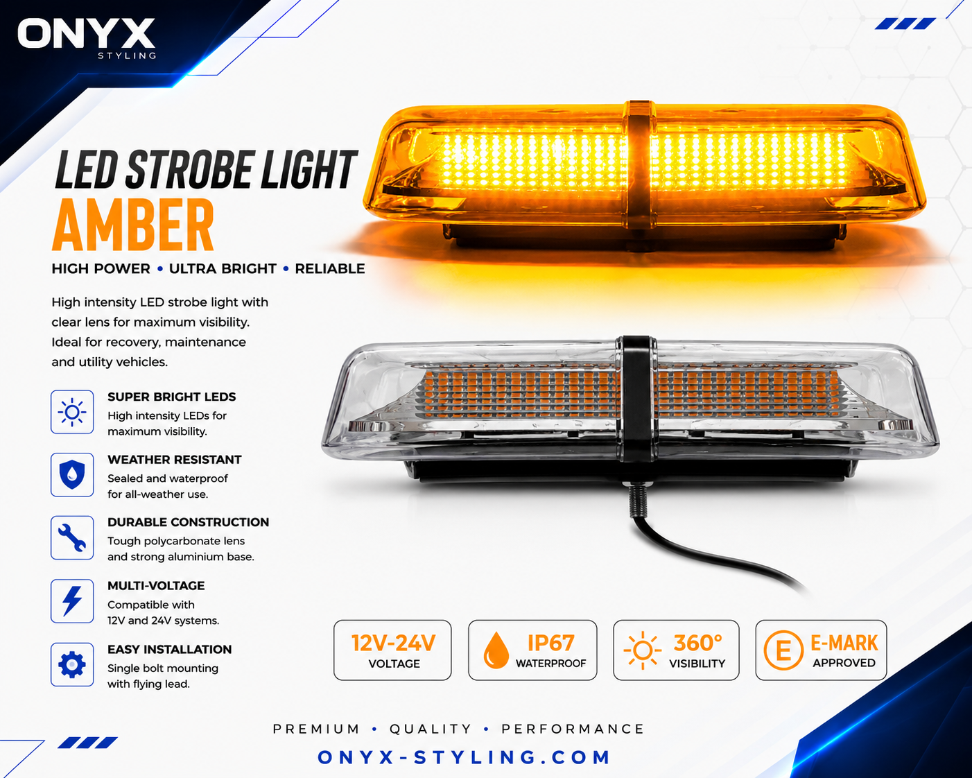 30cm 72 LED Emergency Beacon LED Amber Warning Light Bar – 12-24V, 8 Flash Modes, E-Marked IP65 Waterproof