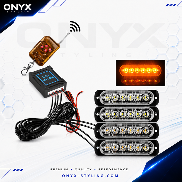 4x LED Emergency Strobe Light Kit with Wireless Remote – 12V/24V Amber Flash Modules