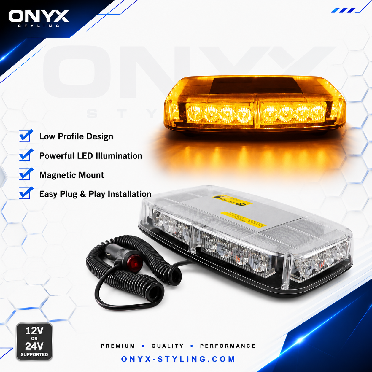 28cm Magnetic LED Emergency Warning Light – 12V/24V Amber Beacon – 24 LED, 15 Flash Modes, Cigarette Plug MAR393