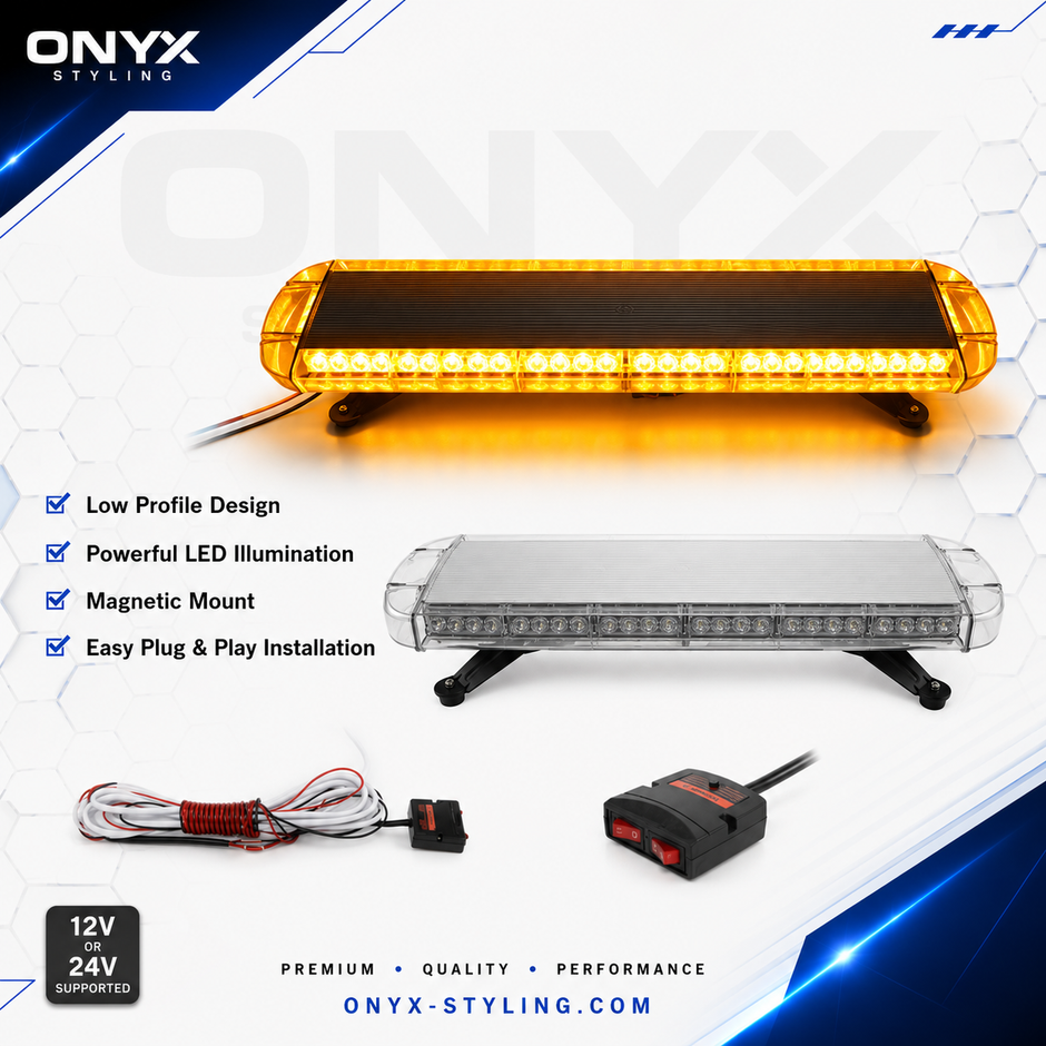 76cm Amber LED Warning Light Bar – 40 LED Emergency Beacon, 12-24V, 15 Flash Modes, IP65 Waterproof, 360° Visibility