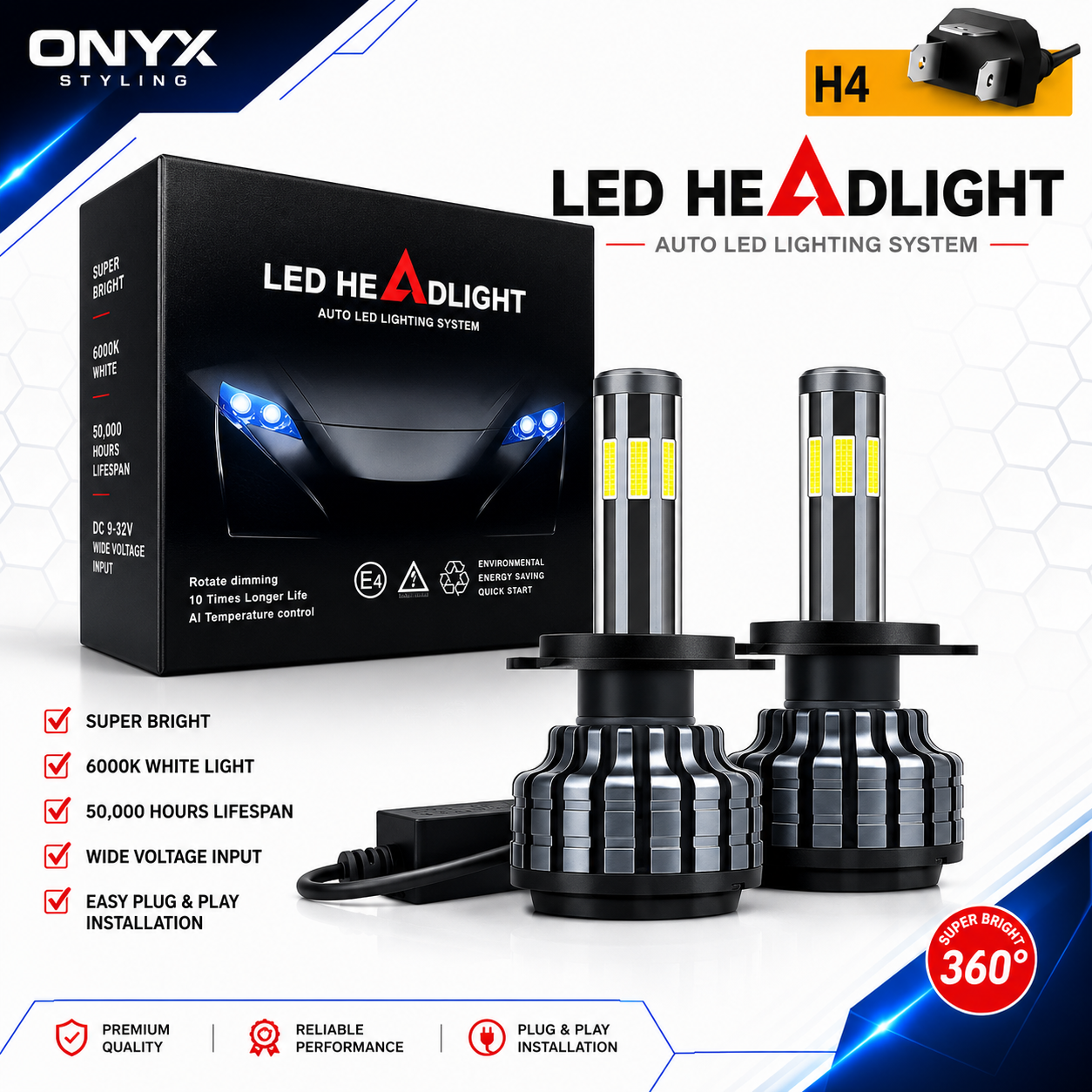 12/24v H4 LED 16000Lumen Headlight Bulbs – Set of 2 with 360 degree Lighting