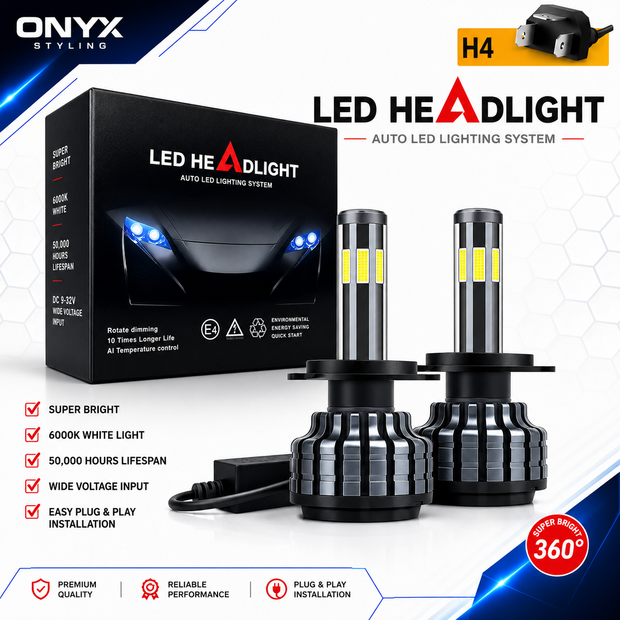 12/24v H4 LED 16000Lumen Headlight Bulbs – Set of 2 with 360 degree Lighting