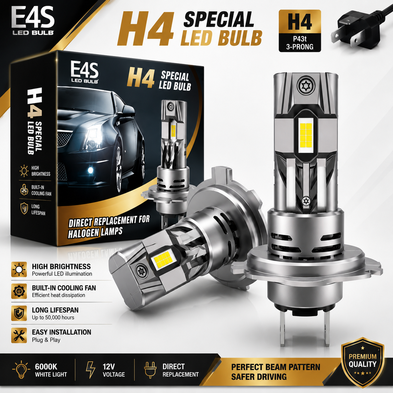 E4P H4 LED Headlight Bulb Set (Pair) – 6500K White | Mini Design | Plug & Play