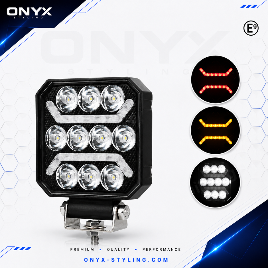 LED Work Light 15W 1500LM with White Spot Beam + Red & Amber Position Light 12–24V E-Marked