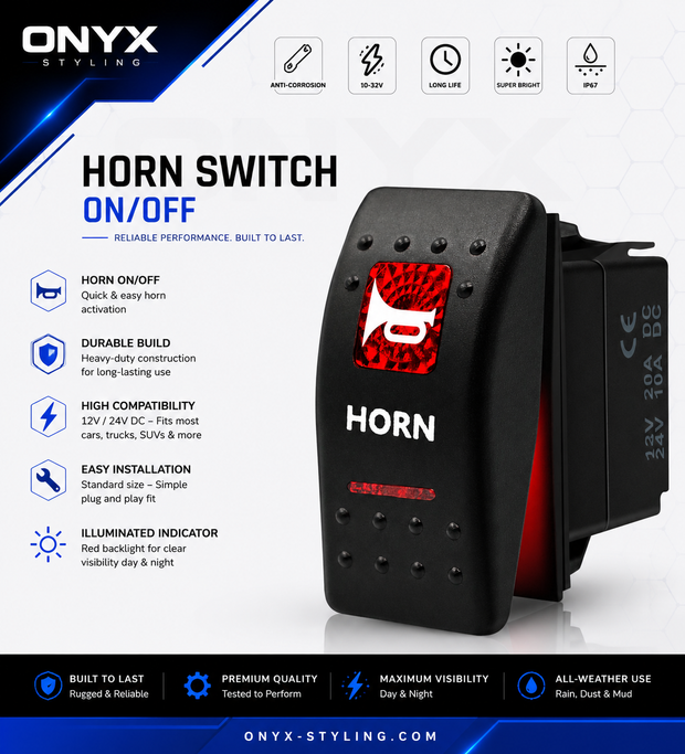 12-24V LED Horn Switch ON/OFF Button – Red Backlit, 5 Pin Universal Rocker Switch C00509