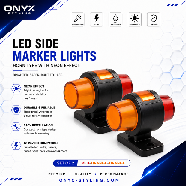 Set of 2 LED Neon Marker Lights – Orange/Red/Orange – 12/24V Dual Voltage MAR1521