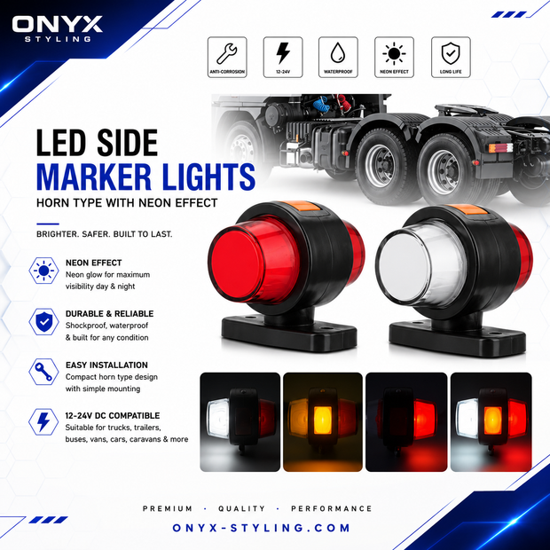 Set of 2 LED Neon Marker Horn Lights – White/Red/Amber – 12/24V Dual Voltage