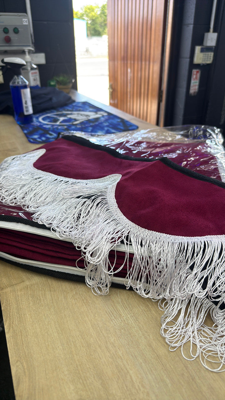 Custom Universal Side curtain ALCANTARA set new RED (Maroon)  with 8cm white fringes & Pelmet