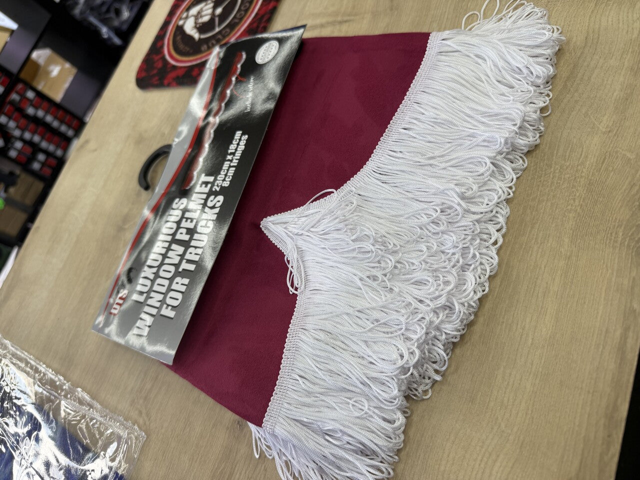 12cm PELMET ALCANTARA new RED (MAROON) with white fringes & Velcro