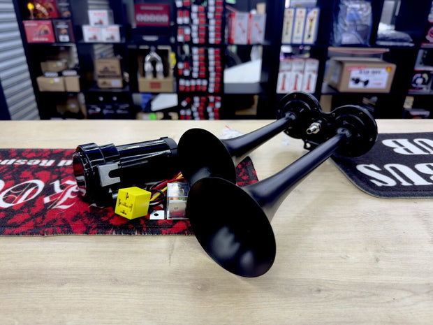 Dual Air Horn Kit 12V with Compressor, Relay, Tubes & Fittings – Super Loud Twin Trumpet Horn