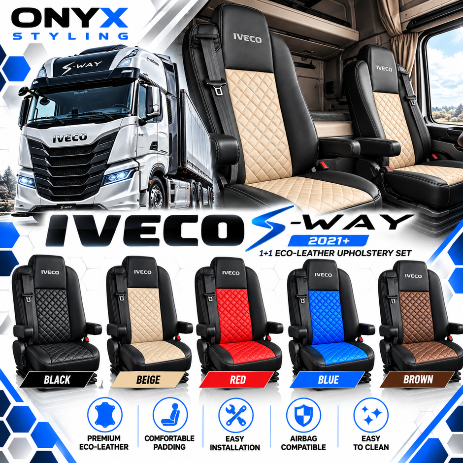 Iveco S-Way (2021+) Luxury Eco-Leather Seat Covers – Black & Beige – Driver & Passenger Set (1+1)