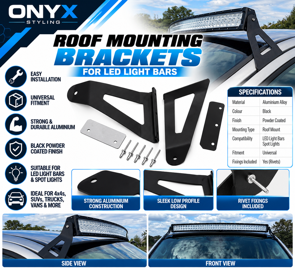 Universal Roof LED Light Bar Mounting Brackets – Windscreen Pillar Mount Kit (Pair)