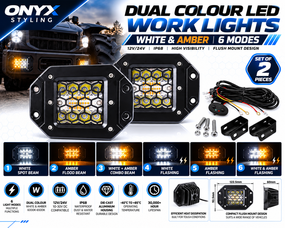 Dual Colour LED Flush Mount Work Lights – White & Amber | 6 Modes | 12V/24V | Pair