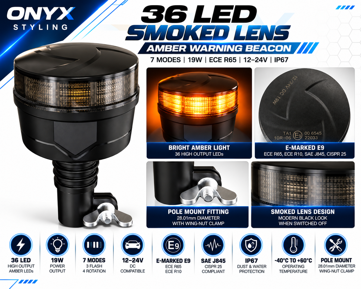 36 LED Smoked Lens Amber Warning Beacon – 19W | 7 Flash & Rotating Modes | ECE R65 | 12V/24V